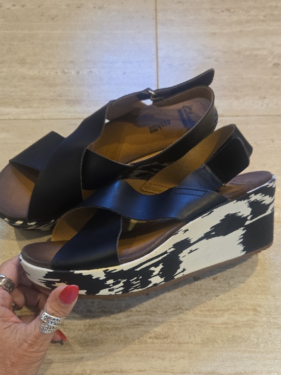 Clarks Shoes - Clarks Collection Soft Cushion Black/White Wedge Strappy Sandals